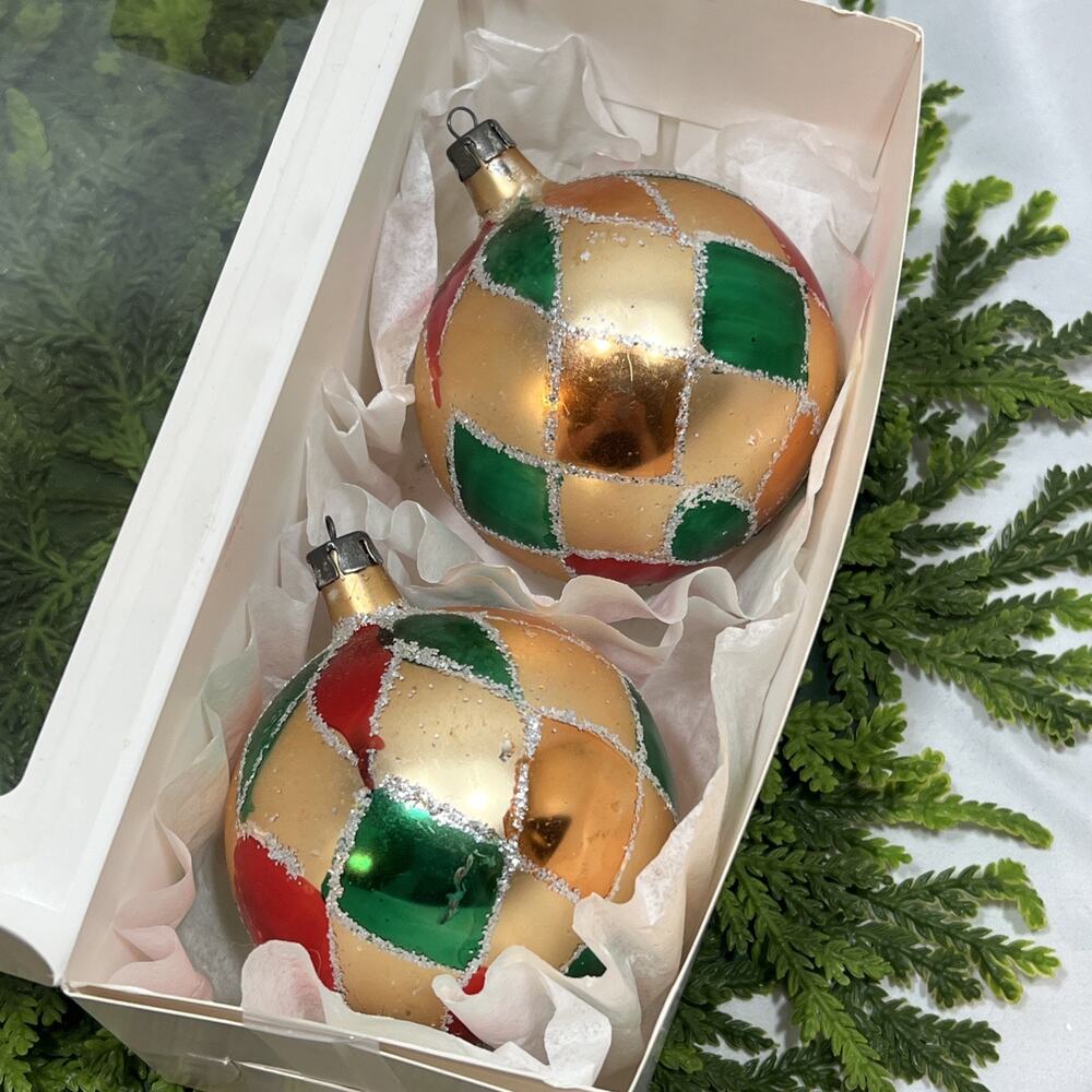 Vintage Christmas Ornaments Mercury Glass Harlequin Pattern 3.25” Set of 2 Ball